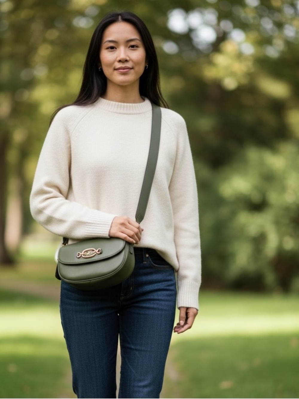 Coach Army Green Leather Shoulder Bag with Gold-Tone Chain Accent
